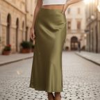 Women's Satin Skirt Elegant Casual Work Office Evening Cocktail Formal Fluid Slip Skirt – Olive - Lolly 