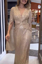 Women's Sequin V-Neck Long Sleeve Maxi Dress A-Line Formal Prom Gala Wedding Guest Evening Red Carpet – Seraphina - Lolly 