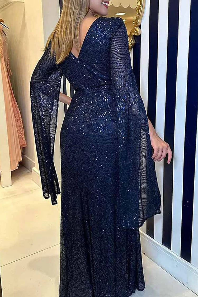 Women's Sequin V-Neck Long Sleeve Maxi Dress A-Line Formal Prom Gala Wedding Guest Evening Red Carpet – Seraphina - Lolly 