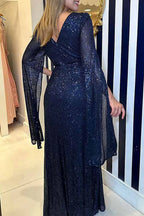 Women's Sequin V-Neck Long Sleeve Maxi Dress A-Line Formal Prom Gala Wedding Guest Evening Red Carpet – Seraphina - Lolly 