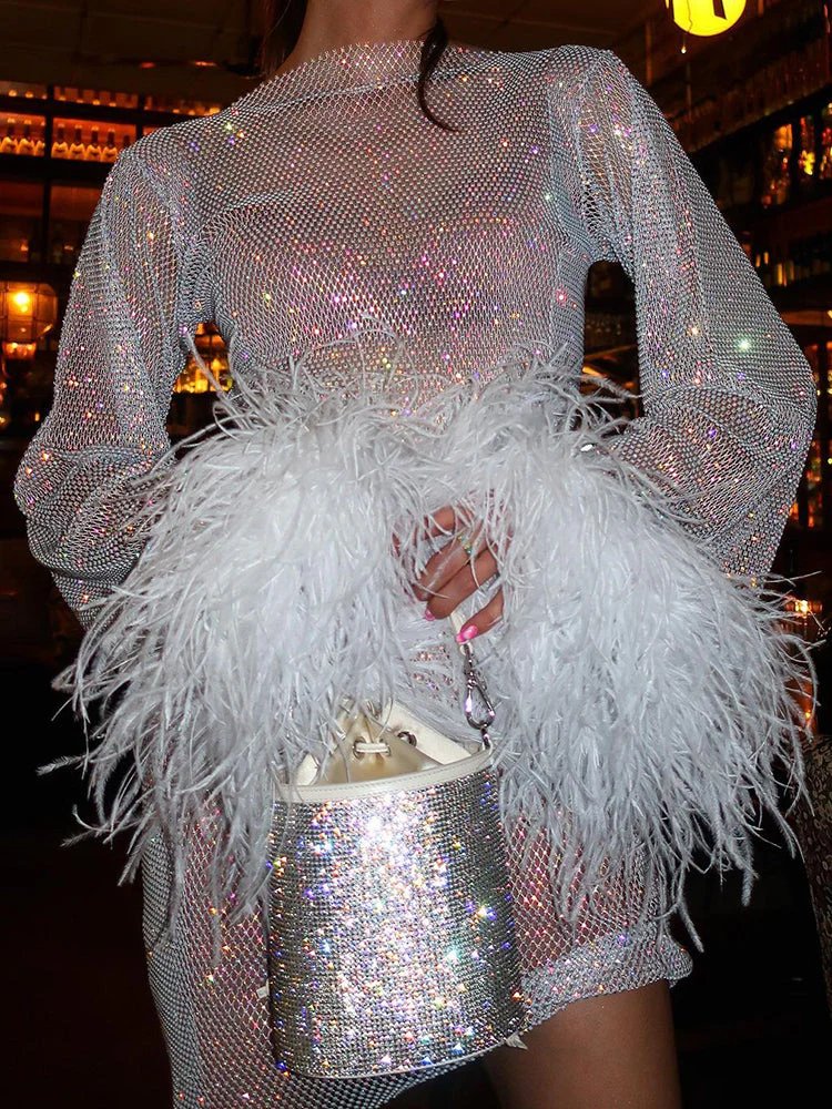 Women's Shimmer Feather Cuff Long Sleeve Mini Dress Cocktail Party Birthday Night Out Gala Glam – Mayra - Lolly 