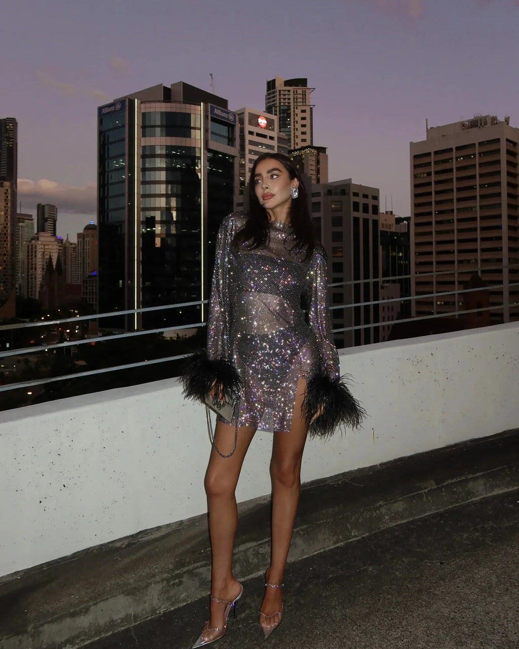 Women's Shimmer Feather Cuff Long Sleeve Mini Dress Cocktail Party Birthday Night Out Gala Glam – Mayra - Lolly 