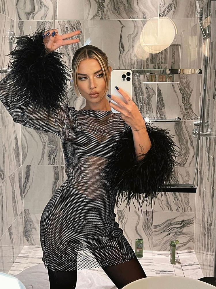 Women's Shimmer Feather Cuff Long Sleeve Mini Dress Cocktail Party Birthday Night Out Gala Glam – Mayra - Lolly 