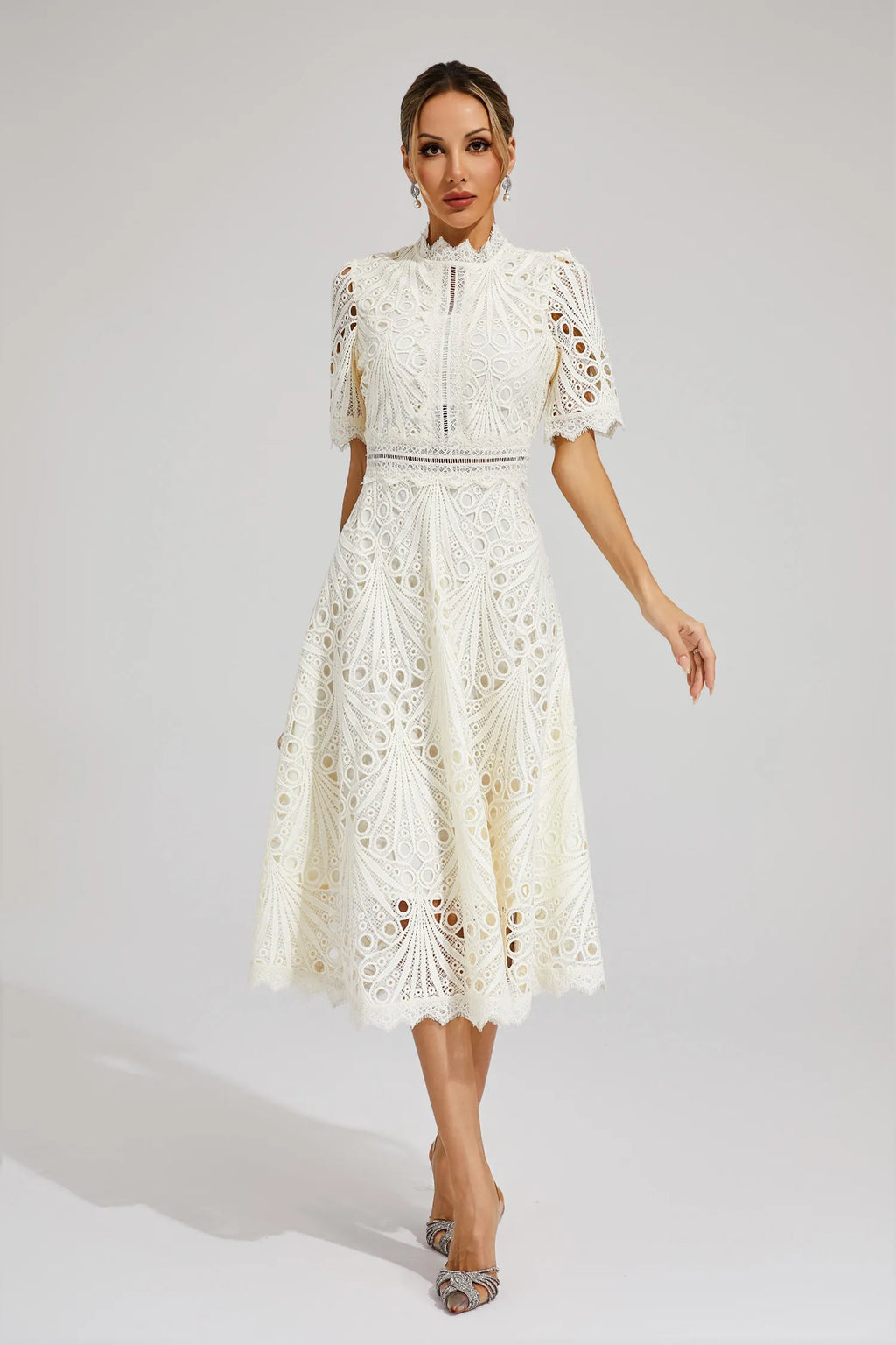 Women's Short Sleeve Lace Midi Dress Wedding Guest Summer Formal Elegant Scoop Neckline - Lolly 