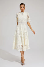 Women's Short Sleeve Lace Midi Dress Wedding Guest Summer Formal Elegant Scoop Neckline - Lolly 