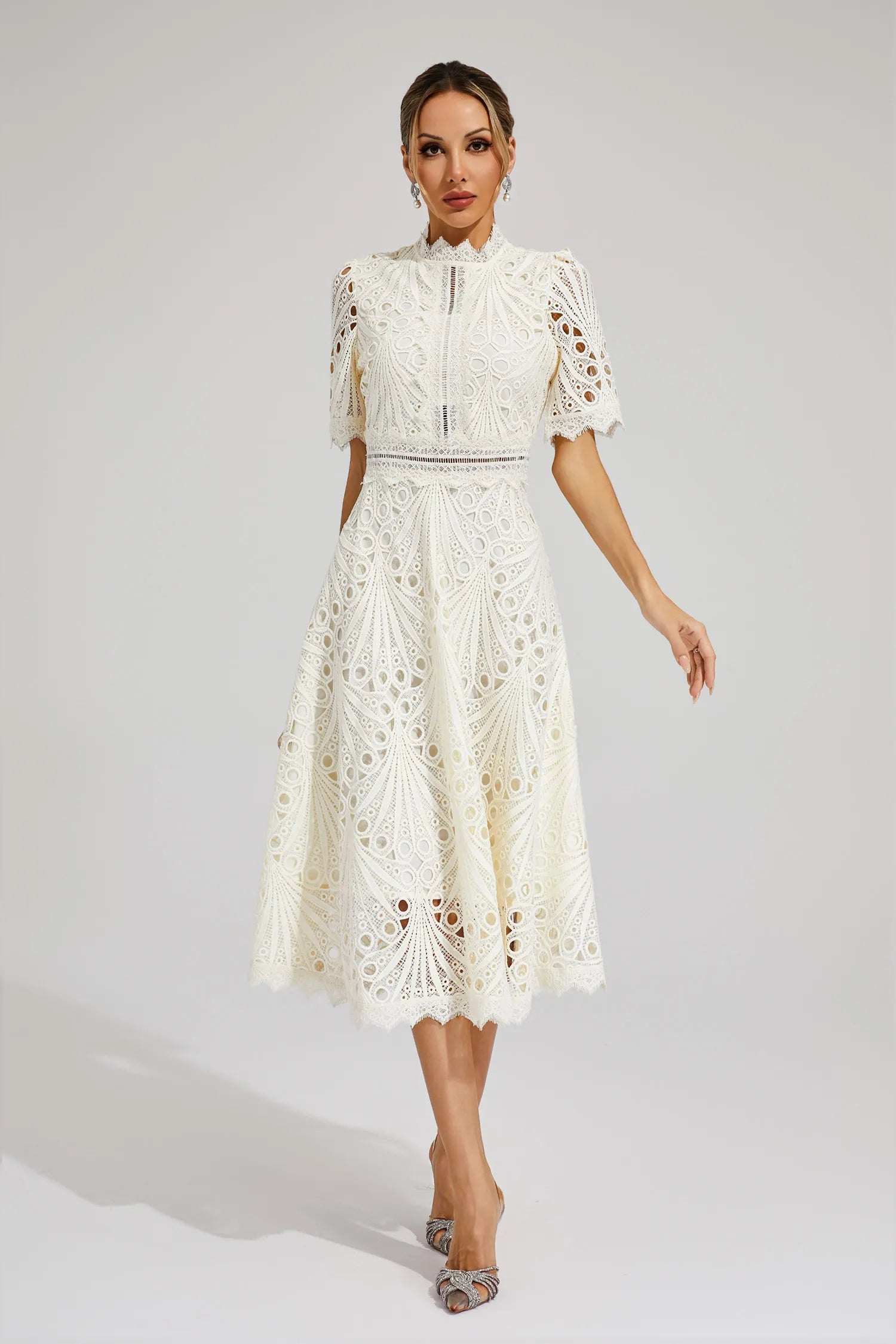 Women's Short Sleeve Lace Midi Dress Wedding Guest Summer Formal Elegant Scoop Neckline - Lolly 