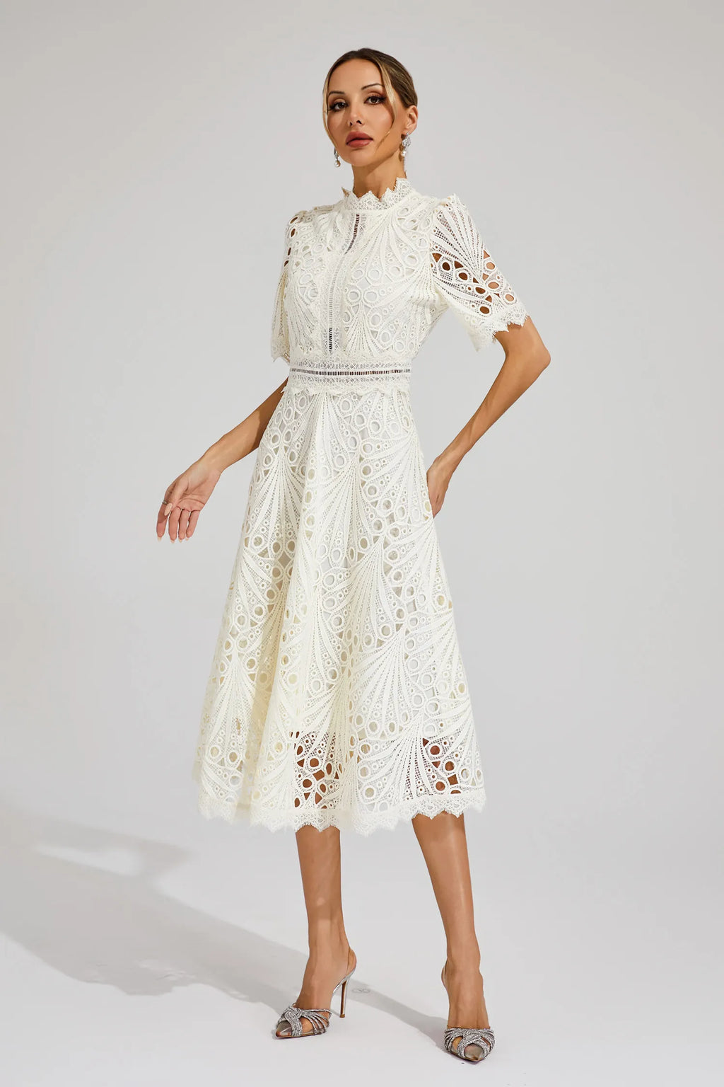 Women's Short Sleeve Lace Midi Dress Wedding Guest Summer Formal Elegant Scoop Neckline - Lolly 