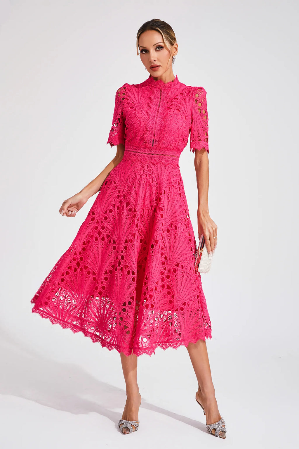 Women's Short Sleeve Lace Midi Dress Wedding Guest Summer Formal Elegant Scoop Neckline - Lolly 