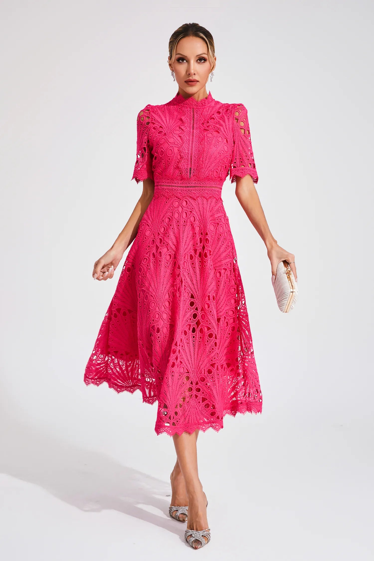 Women's Short Sleeve Lace Midi Dress Wedding Guest Summer Formal Elegant Scoop Neckline - Lolly 