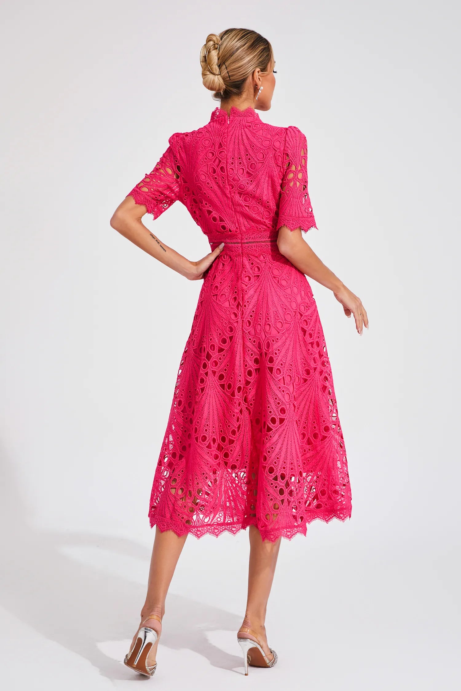 Women's Short Sleeve Lace Midi Dress Wedding Guest Summer Formal Elegant Scoop Neckline - Lolly 