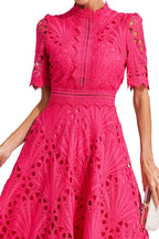 Women's Short Sleeve Lace Midi Dress Wedding Guest Summer Formal Elegant Scoop Neckline - Lolly 