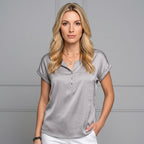 Women's Silk Look V-Neck Short Sleeve Satin Blouse Casual Formal Everyday Work Office Elegant Dressy Top – Champagne Sage Green - Lolly 