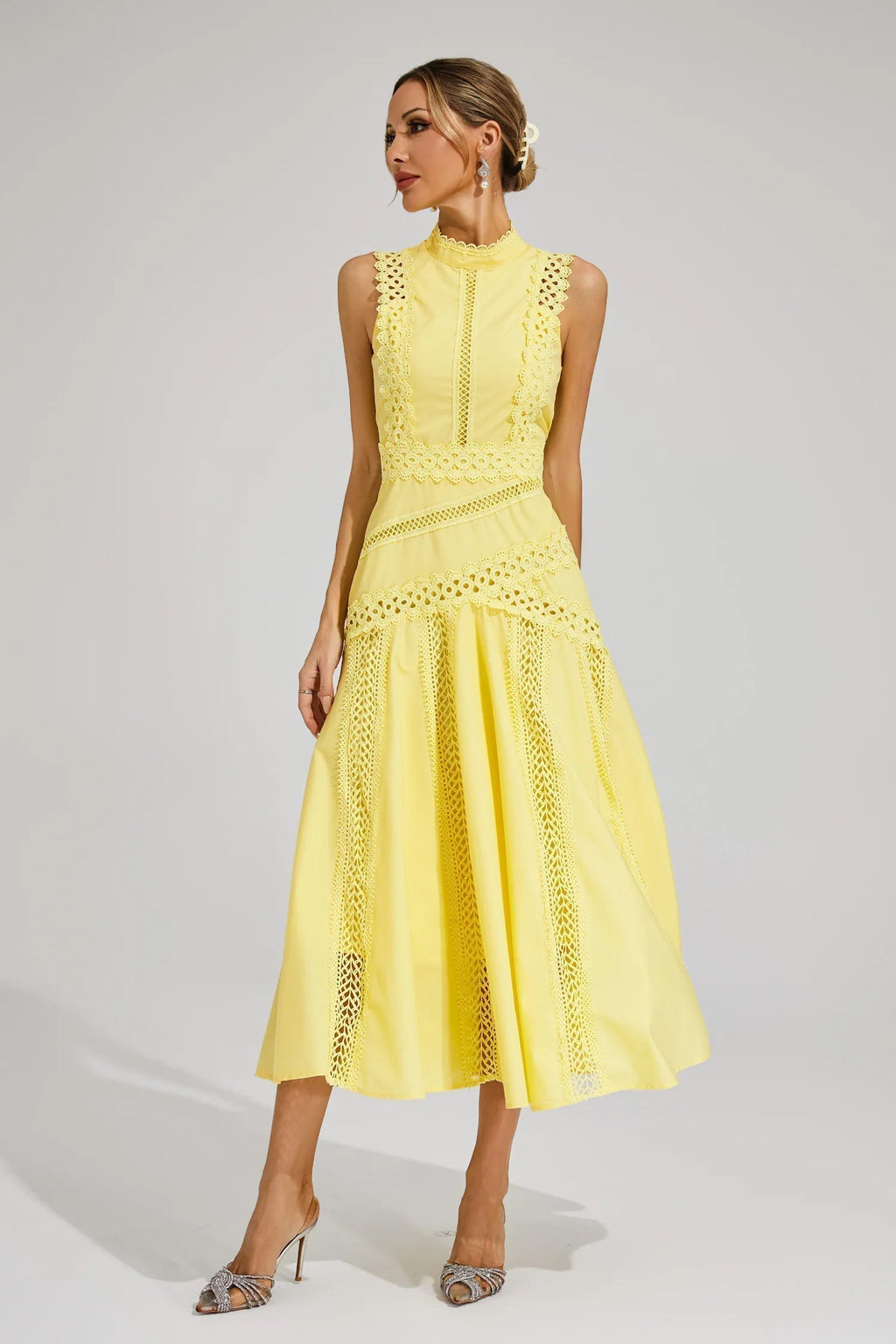 Women's Sleeveless Lace Midi Dress Wedding Guest Summer Formal Elegant Structured Daytime – Olivia - Lolly 