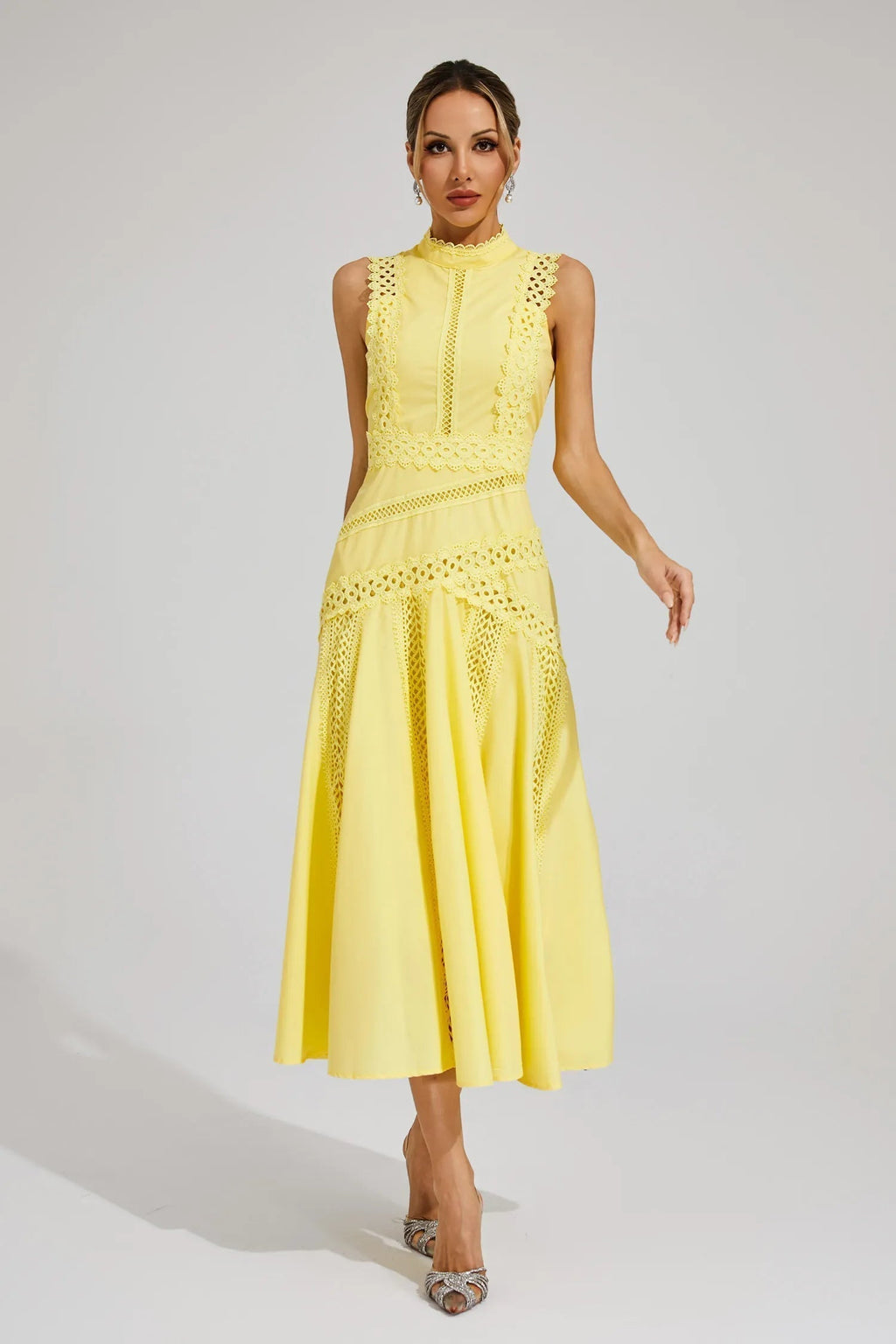 Women's Sleeveless Lace Midi Dress Wedding Guest Summer Formal Elegant Structured Daytime – Olivia - Lolly 