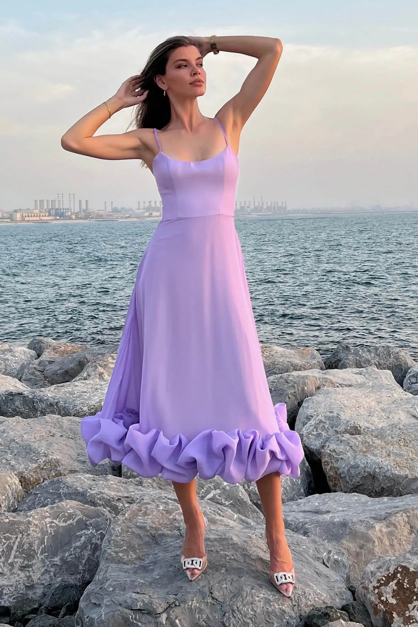 Women's Sleeveless Midi Wedding Guest Dress Fluid Silhouette Waist-Defining Lightweight Versatile – Heather - Lolly 