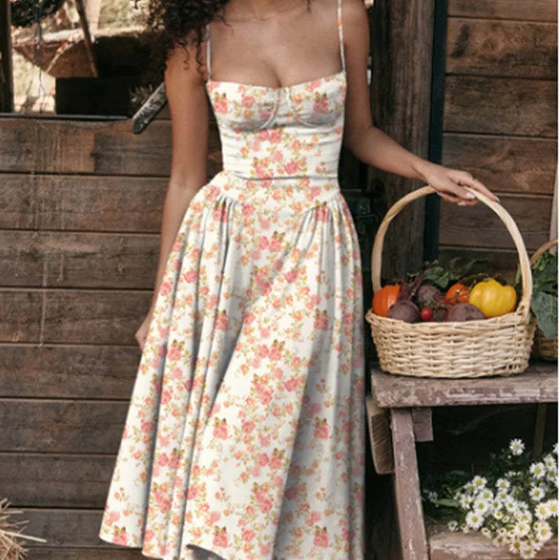 Women's Sleeveless Pleated Midi Dress Spaghetti Strap Open Back A-Line Monochromatic Casual Summer Wedding Guest Garden Party Evening – Odette - Lolly 