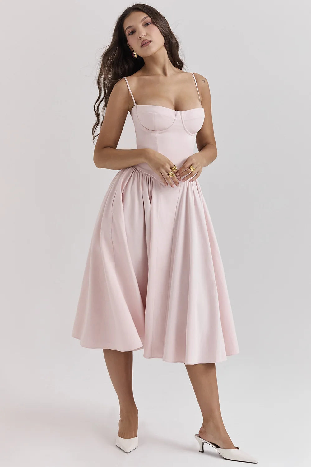 Women's Sleeveless Pleated Midi Dress Spaghetti Strap Open Back A-Line Monochromatic Casual Summer Wedding Guest Garden Party Evening – Odette - Lolly 