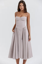 Women's Sleeveless Pleated Midi Dress Spaghetti Strap Open Back A-Line Monochromatic Casual Summer Wedding Guest Garden Party Evening – Odette - Lolly 