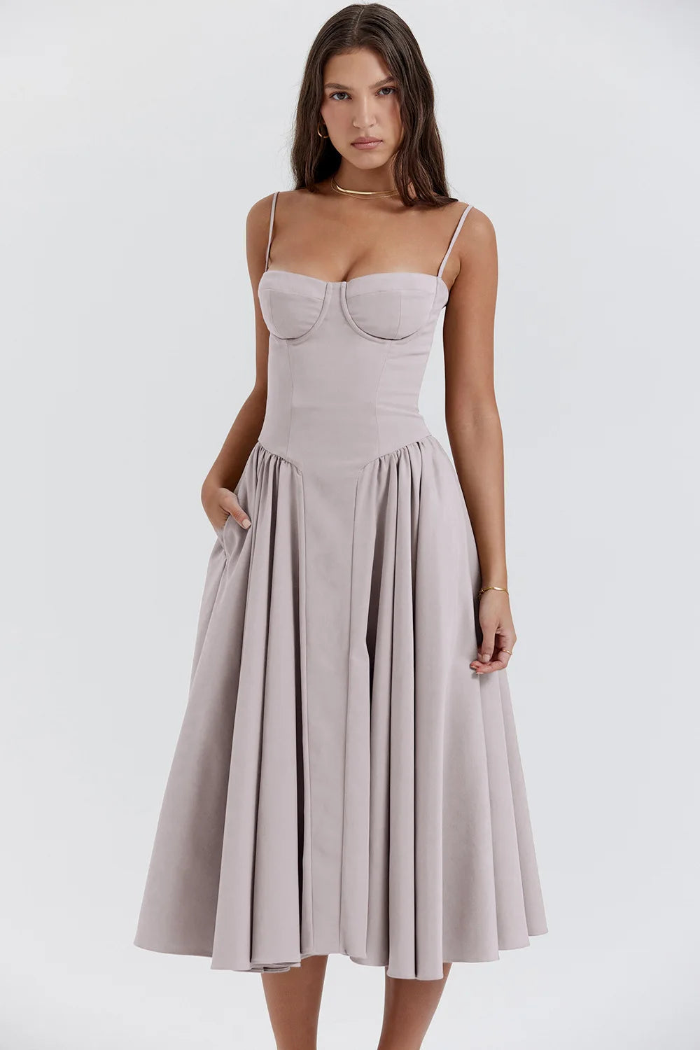 Women's Sleeveless Pleated Midi Dress Spaghetti Strap Open Back A-Line Monochromatic Casual Summer Wedding Guest Garden Party Evening – Odette - Lolly 