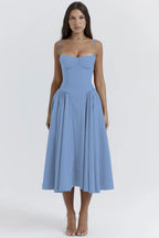 Women's Sleeveless Pleated Midi Dress Spaghetti Strap Open Back A-Line Monochromatic Casual Summer Wedding Guest Garden Party Evening – Odette - Lolly 