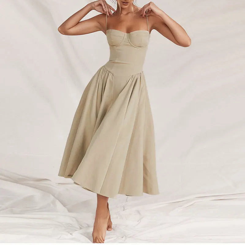 Women's Sleeveless Pleated Midi Dress Spaghetti Strap Open Back A-Line Monochromatic Casual Summer Wedding Guest Garden Party Evening – Odette - Lolly 