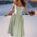 Women's Sleeveless Pleated Midi Dress Spaghetti Strap Open Back A-Line Monochromatic Casual Summer Wedding Guest Garden Party Evening – Odette - Lolly 