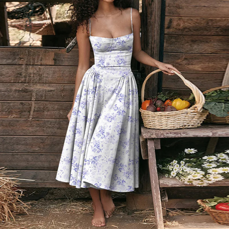 Women's Sleeveless Pleated Midi Dress Spaghetti Strap Open Back A-Line Monochromatic Casual Summer Wedding Guest Garden Party Evening – Odette - Lolly 