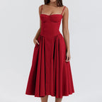 Women's Sleeveless Pleated Midi Dress Spaghetti Strap Open Back A-Line Monochromatic Casual Summer Wedding Guest Garden Party Evening – Odette - Lolly 