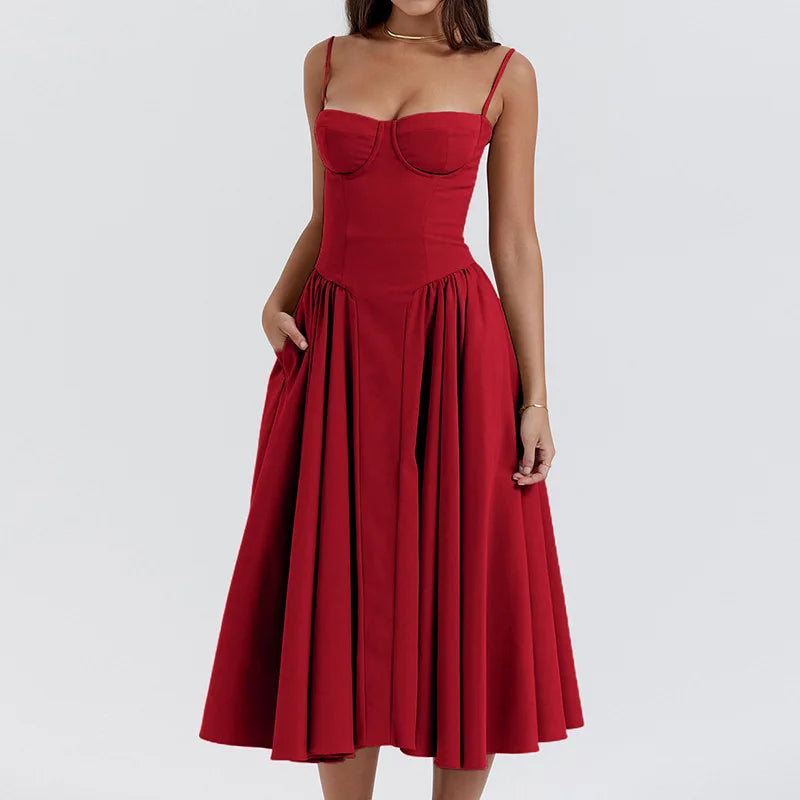Women's Sleeveless Pleated Midi Dress Spaghetti Strap Open Back A-Line Monochromatic Casual Summer Wedding Guest Garden Party Evening – Odette - Lolly 