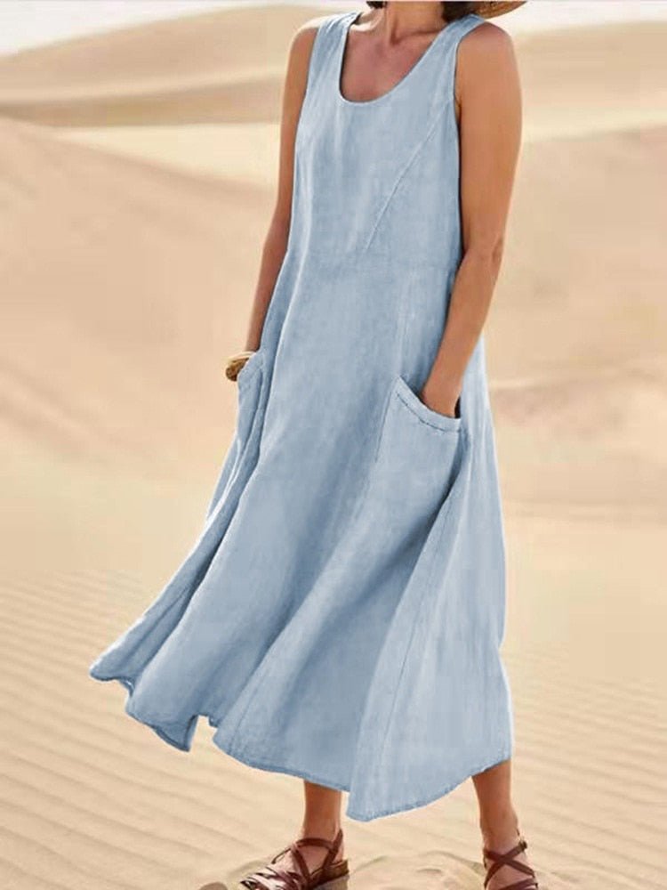 Women's Sleeveless Pocket Midi Casual Dress Flowing Relaxed Breathable Summer – Zoe - Lolly 