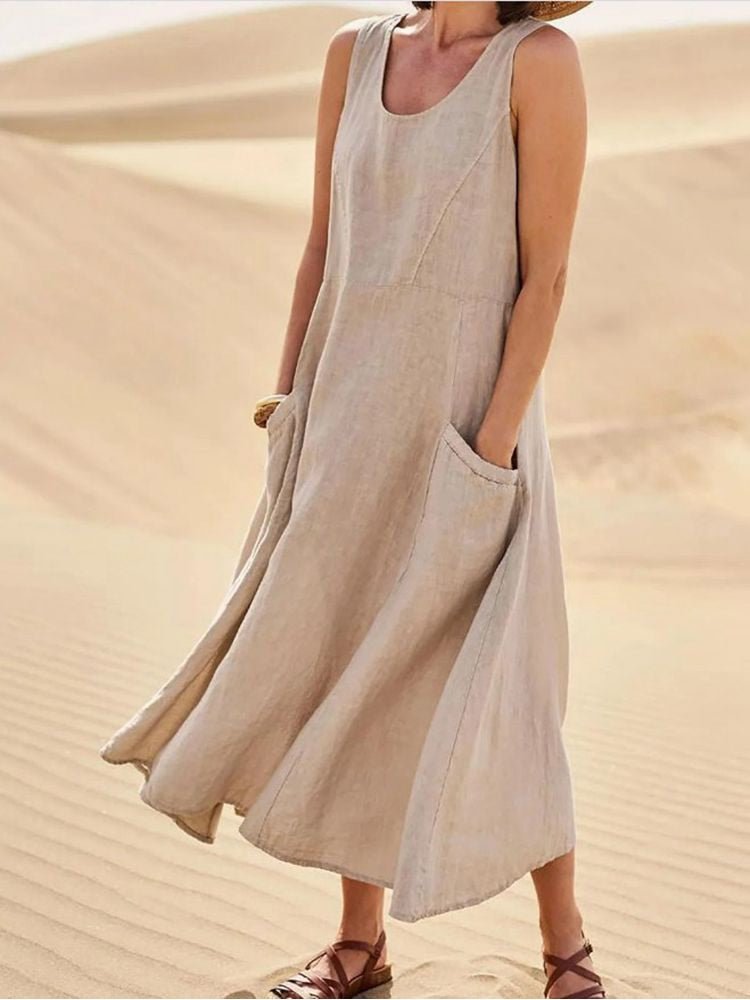 Women's Sleeveless Pocket Midi Casual Dress Flowing Relaxed Breathable Summer – Zoe - Lolly 