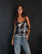 Women's Sleeveless Sequin Glitter Beaded Tank Top V-Neck Spaghetti Strap Party Festival Night Out Top – Klara Black Gold - Lolly 