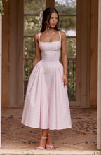 Women's Sleeveless Square Neck Gingham Midi Dress Lace-Up Back Voluminous Skirt Wedding Guest Party Summer Dress – Kaydence - Lolly 