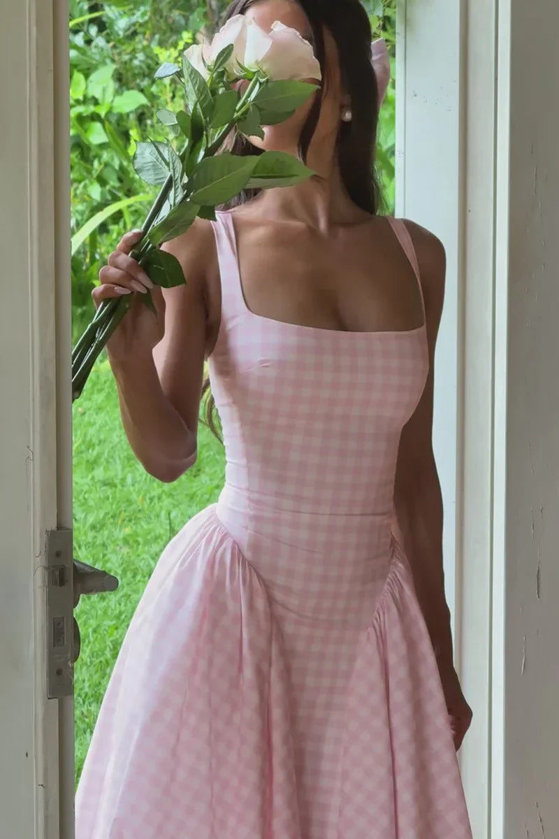 Women's Sleeveless Square Neck Gingham Midi Dress Lace-Up Back Voluminous Skirt Wedding Guest Party Summer Dress – Kaydence - Lolly 