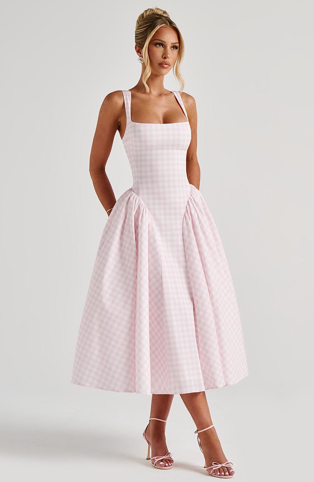 Women's Sleeveless Square Neck Gingham Midi Dress Lace-Up Back Voluminous Skirt Wedding Guest Party Summer Dress – Kaydence - Lolly 