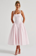 Women's Sleeveless Square Neck Gingham Midi Dress Lace-Up Back Voluminous Skirt Wedding Guest Party Summer Dress – Kaydence - Lolly 
