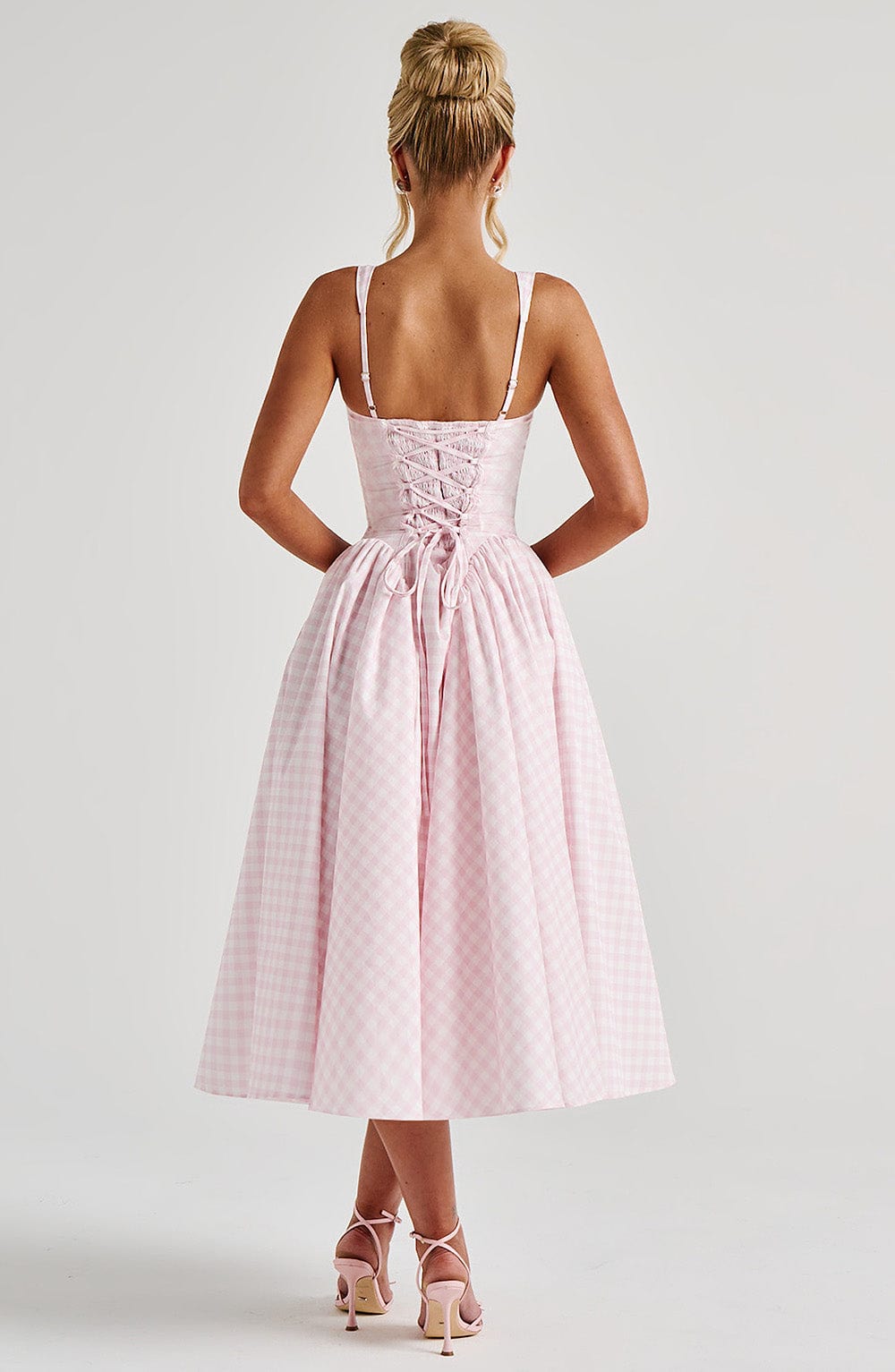 Women's Sleeveless Square Neck Gingham Midi Dress Lace-Up Back Voluminous Skirt Wedding Guest Party Summer Dress – Kaydence - Lolly 
