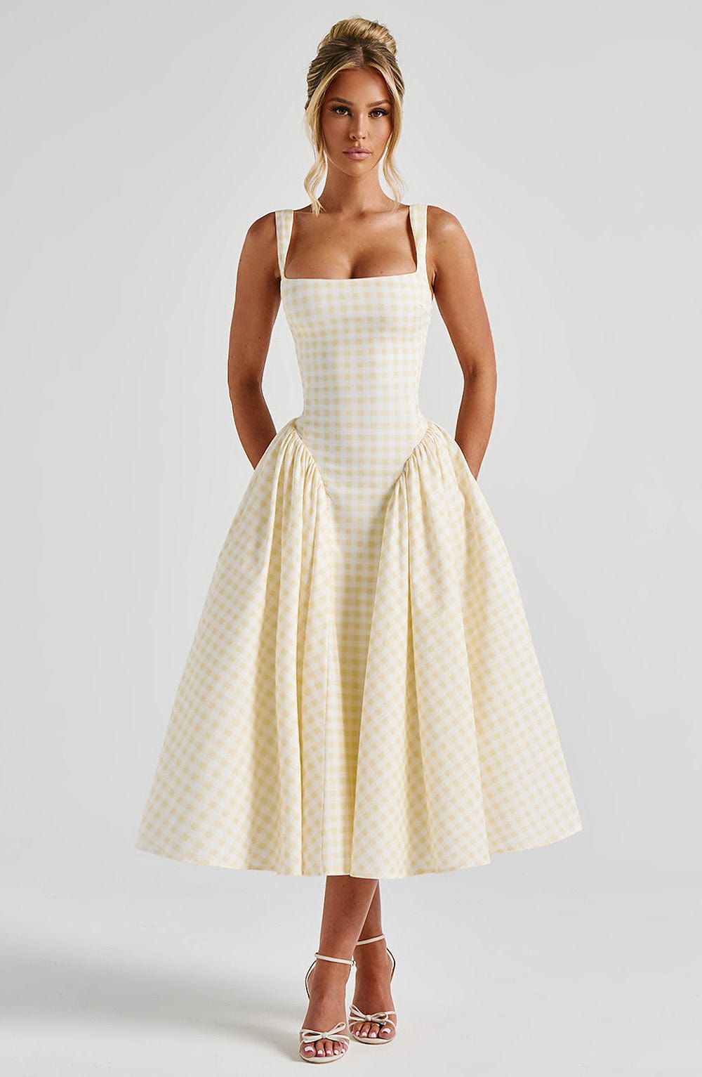 Women's Sleeveless Square Neck Gingham Midi Dress Lace-Up Back Voluminous Skirt Wedding Guest Party Summer Dress – Kaydence - Lolly 