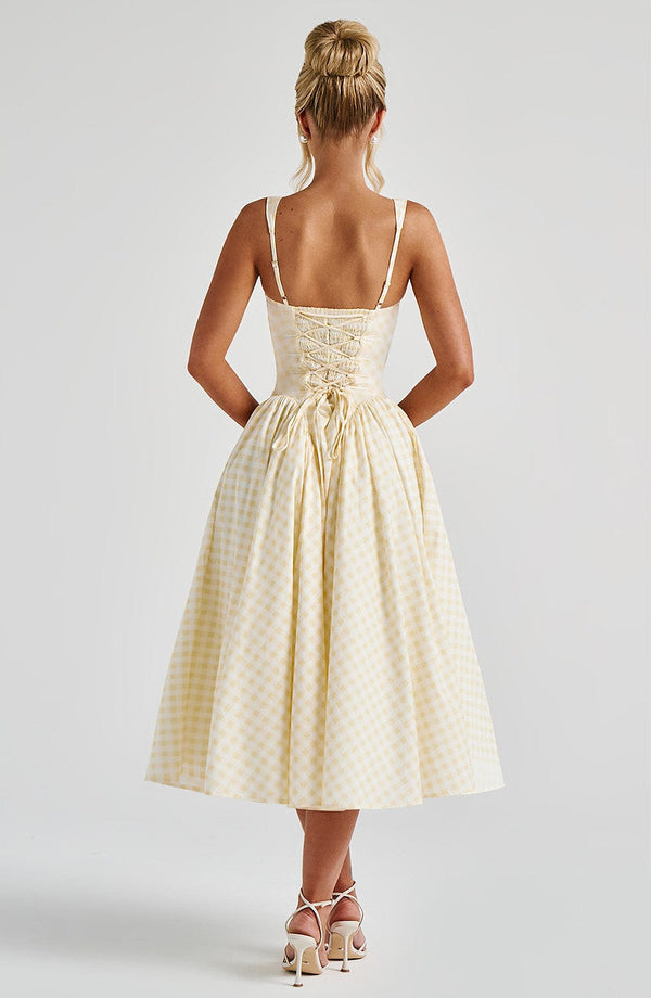 Women's Sleeveless Square Neck Gingham Midi Dress Lace-Up Back Voluminous Skirt Wedding Guest Party Summer Dress – Kaydence - Lolly 
