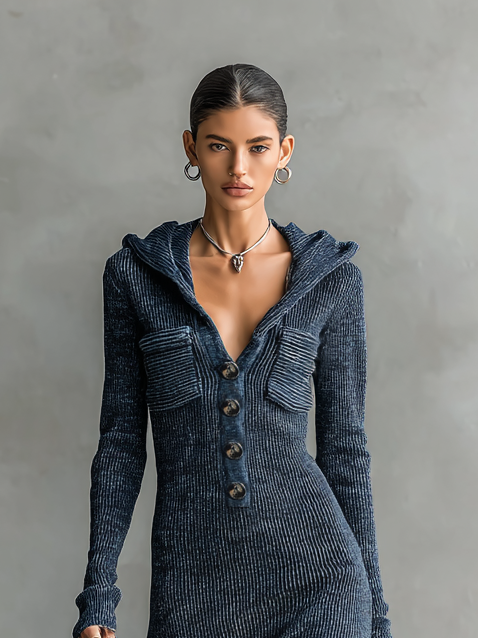 Women's Slim-Fit Hooded Knitted Long Casual Dress Long Sleeve Cozy Chic Everyday – Navy - Lolly 