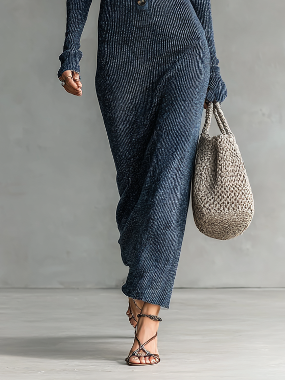 Women's Slim-Fit Hooded Knitted Long Casual Dress Long Sleeve Cozy Chic Everyday – Navy - Lolly 