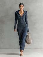 Women's Slim-Fit Hooded Knitted Long Casual Dress Long Sleeve Cozy Chic Everyday – Navy - Lolly 