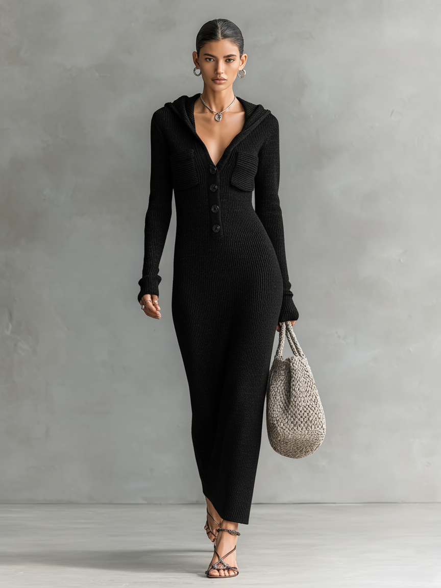 Women's Slim-Fit Hooded Knitted Long Casual Dress Long Sleeve Cozy Chic Everyday – Navy - Lolly 