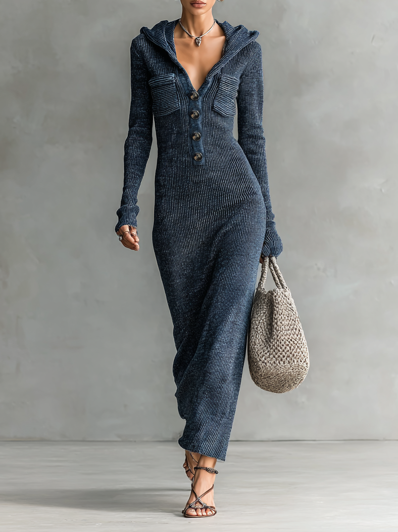 Women's Slim-Fit Hooded Knitted Long Casual Dress Long Sleeve Cozy Chic Everyday – Navy - Lolly 