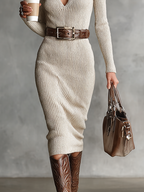 Women's Slim Fit Knitted Midi Party Dress Half Turtleneck Belted Long Sleeve Casual Elegant – Cream - Lolly 