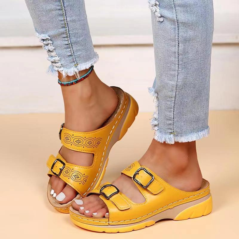 Women's Slip-On Wedge Sandals Double Buckle Strap Casual Summer Walking - Lolly 