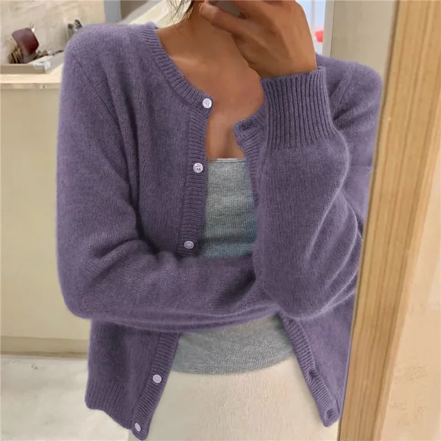 Women's Soft Knit Cardigan Button Front Round Neck Cropped Layer Casual Winter - Lolly 