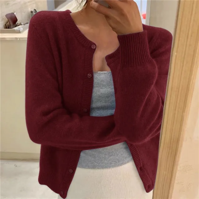 Women's Soft Knit Cardigan Button Front Round Neck Cropped Layer Casual Winter - Lolly 