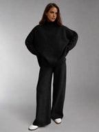 Women's Soft Knit Turtleneck Lounge Set Slouchy Wide-Leg Pants Cozy Casual Winter Everyday Comfort - Lolly 