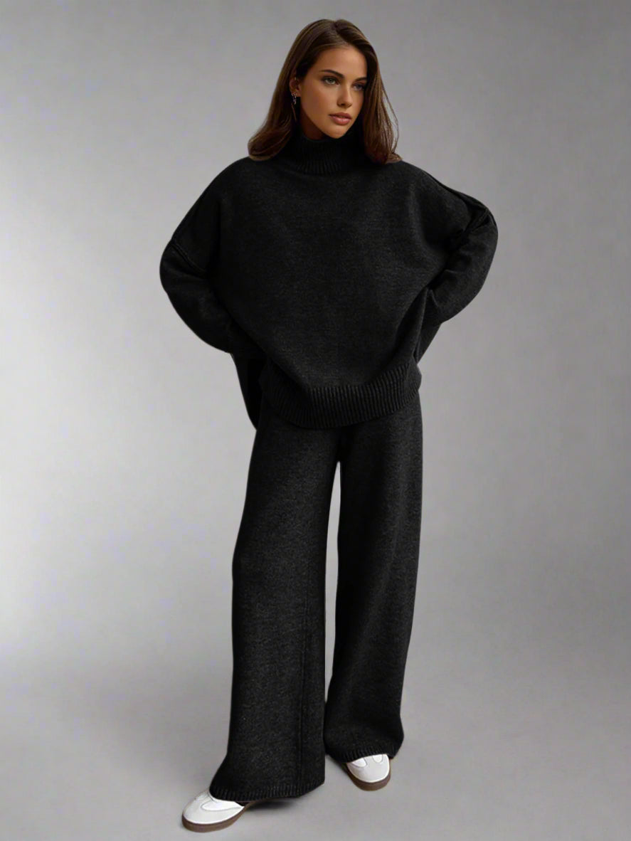 Women's Soft Knit Turtleneck Lounge Set Slouchy Wide-Leg Pants Cozy Casual Winter Everyday Comfort - Lolly 